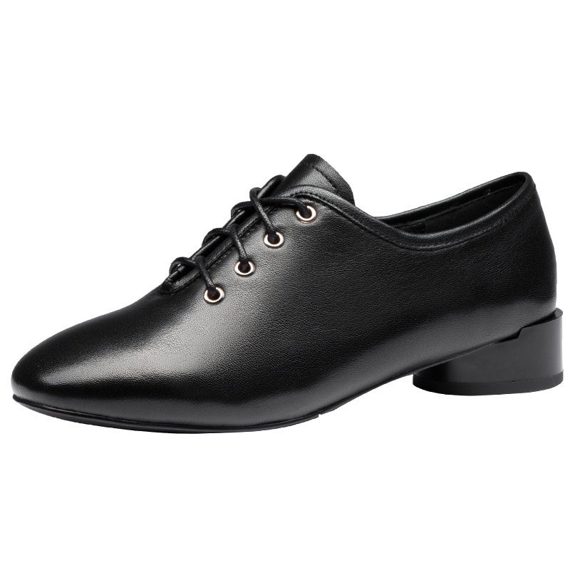 红蜻蜓女鞋秋季头层牛皮英伦休闲小皮鞋圆头系带粗跟单鞋女