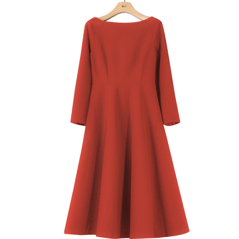 晚白2021春季新品通勤纯色圆领高腰A字薄毛呢裙修身连衣裙女