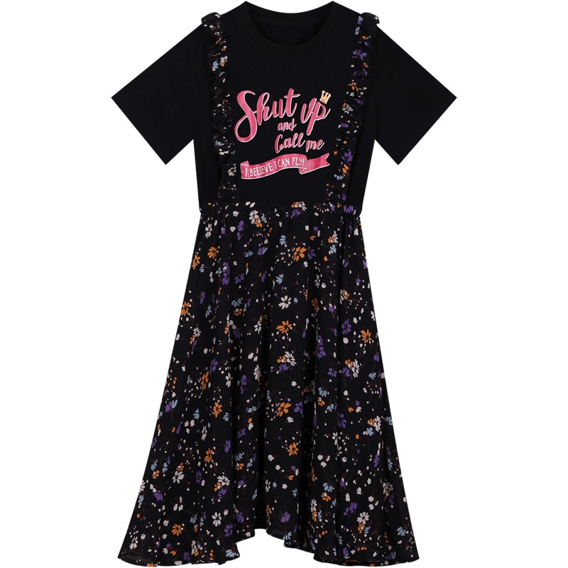 法国复古裙假两件碎花背带裙女很仙的连衣裙2019夏装新款T恤裙仙