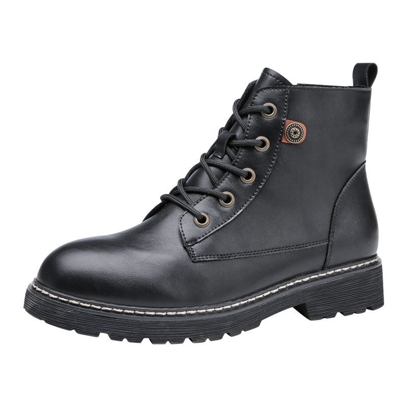 PLAYBOY/花花公子秋冬季加绒纯色松紧带休闲复古英伦风圆头粗跟时尚工装短靴女K13399264