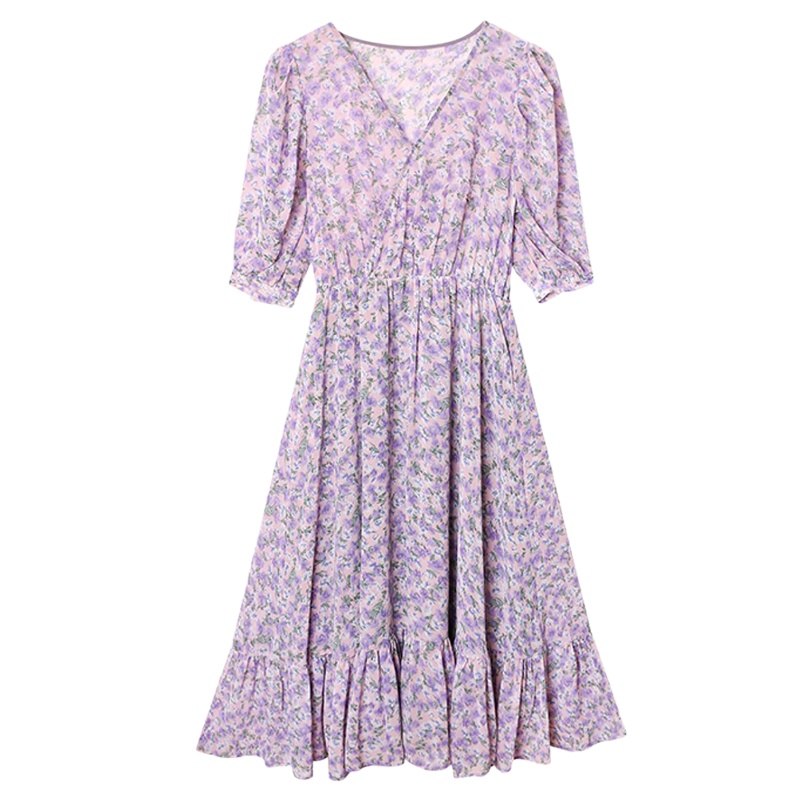 茜靓,CHYLLIRN紫色连衣裙女夏装2020新款韩版法式V领碎花连衣裙女气质收腰显瘦A字裙子
