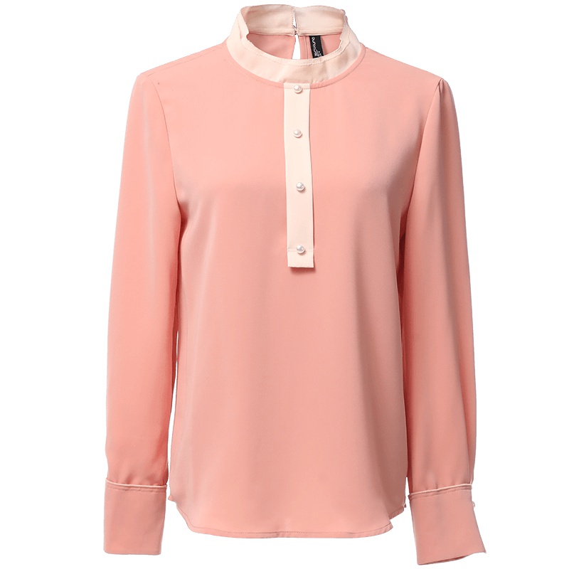 欧昵雪秋装通勤双层立领设计感套头衬衫女修身长袖衬衣