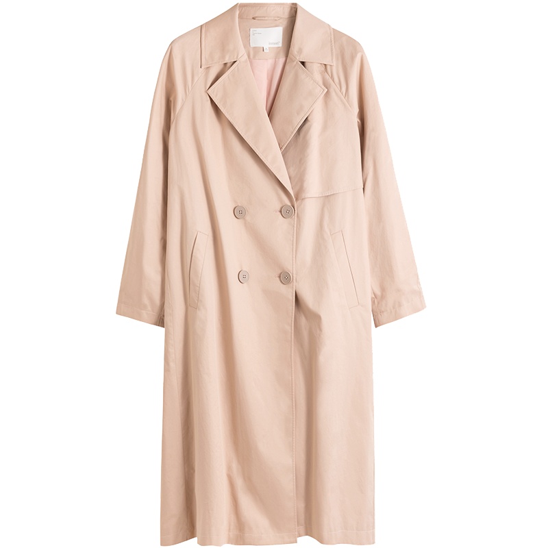 茵曼2019秋季新款文艺气质双排扣大翻领风衣女搭片中长款绣花外套