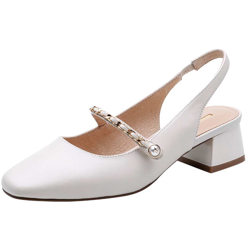 百田森2021春夏新款真皮复古玛丽珍包头凉鞋链条扣带中跟半凉鞋女