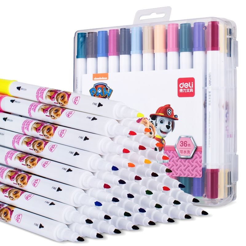 得力汪汪队立大功双头水彩笔套装细头儿童幼儿园学生用彩笔软头水彩画笔36色可水洗安全无毒绘画70718FEN