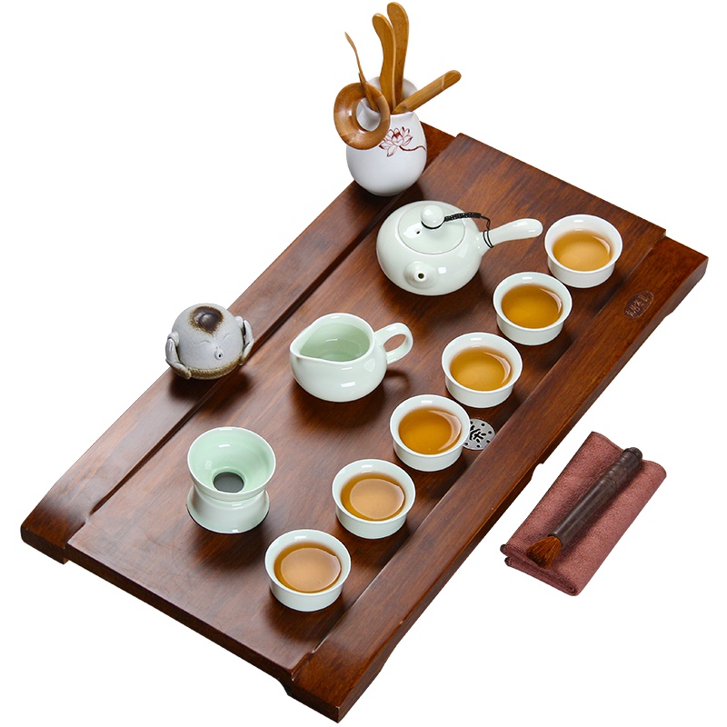 常生源 功夫茶具套装 重竹茶盘 陶瓷公道杯茶壶茶杯 小桥流水一碧万顷茶具套装