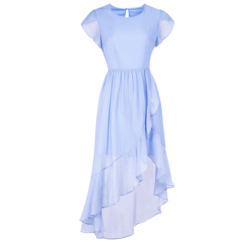 晩白 新品纯色圆领收腰显瘦中长款A字不规则雪纺连衣裙女