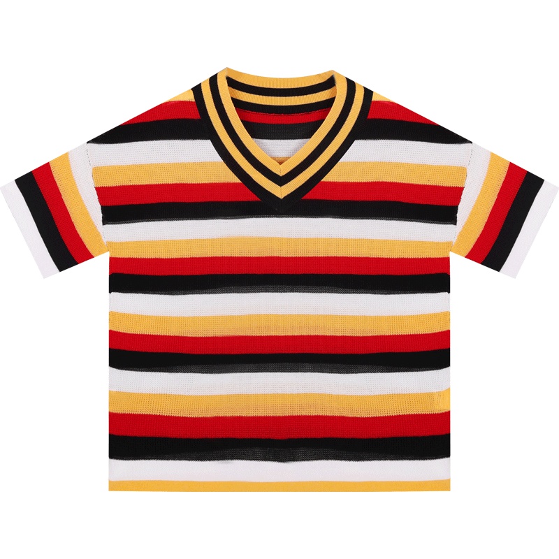 2019夏装新款彩虹条纹V领短袖T恤上衣女宽松薄款针织衫防晒罩衫潮