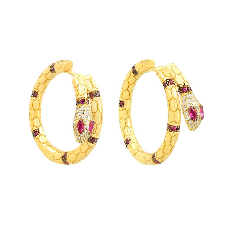 apm MONACO金色红刚玉蛇神耳环925银耳饰女士镶晶钻穿孔百搭首饰贵族AE10570XKRY 金色