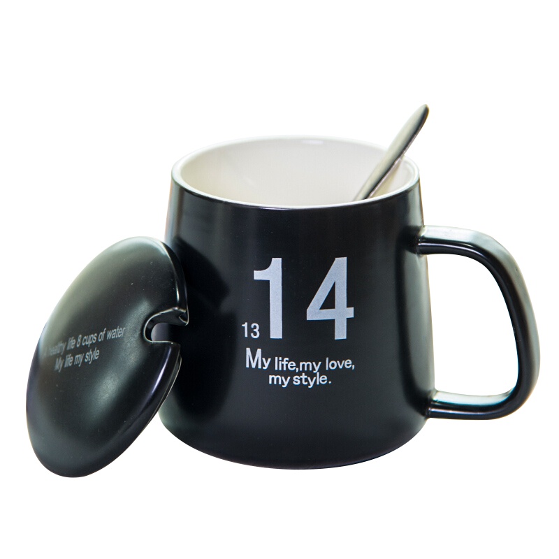 亿嘉IJARL 创意礼品陶瓷马克杯情侣咖啡杯牛奶杯带盖带勺办公杯水杯子1314白色大肚杯