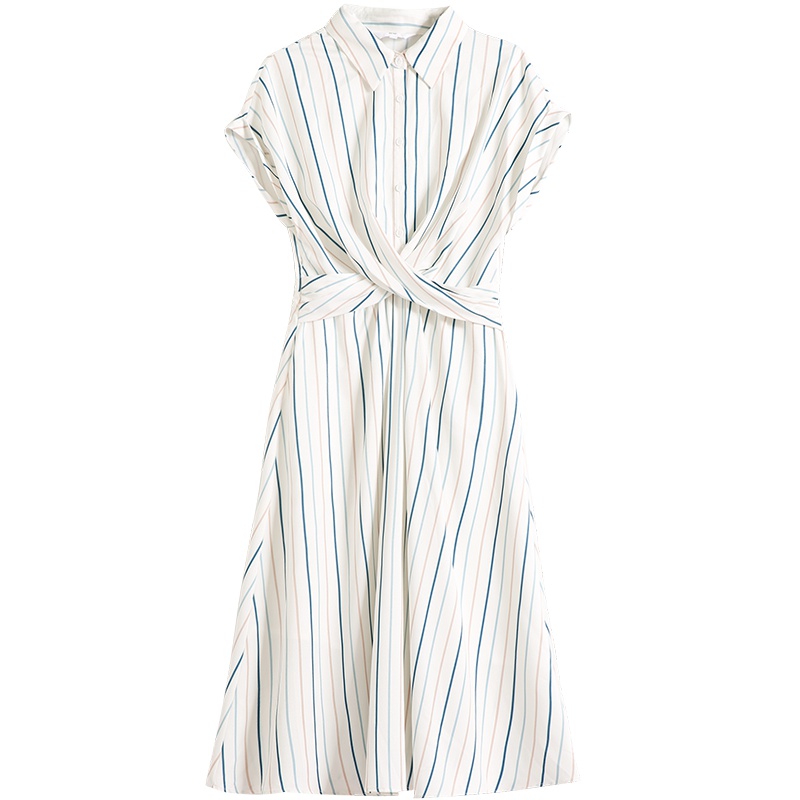 OSA欧莎条纹连衣裙女2019新款夏高腰衬衫裙子流行法式复古中长款