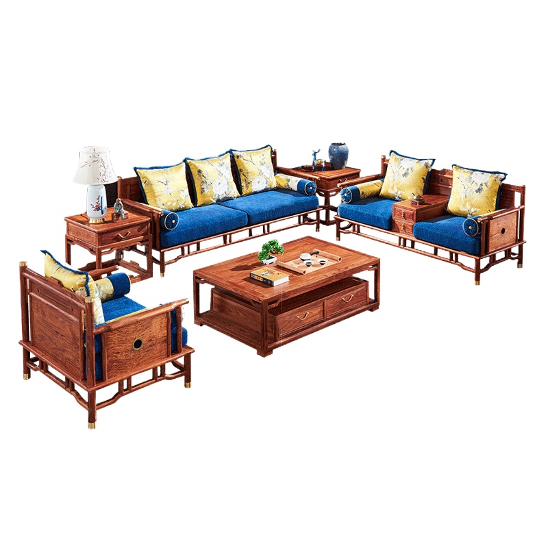 [新品]周家庄 红木家具非洲花梨(学名:刺猬紫檀)沙发实木沙发新中式别墅沙发 东方儒雅沙发组合 123+茶几+2角几