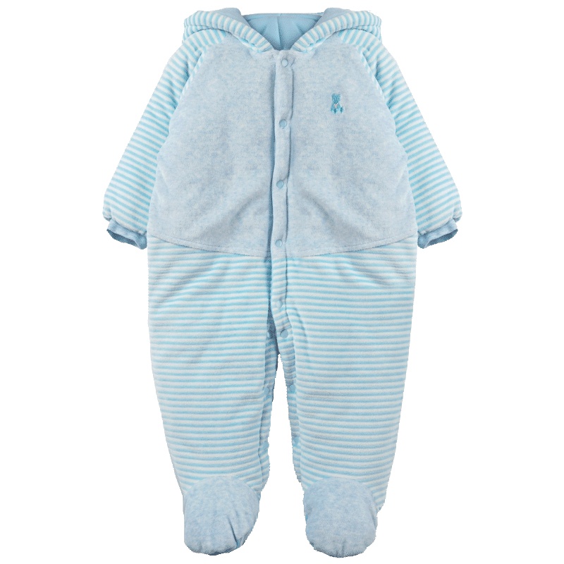 婴姿坊正品男女宝宝加厚连体衣条纹拼接连帽新生儿爬爬服冬装