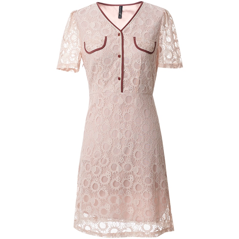 欧昵雪夏季法式小众V领收腰蕾丝连衣裙女修身短袖a字裙
