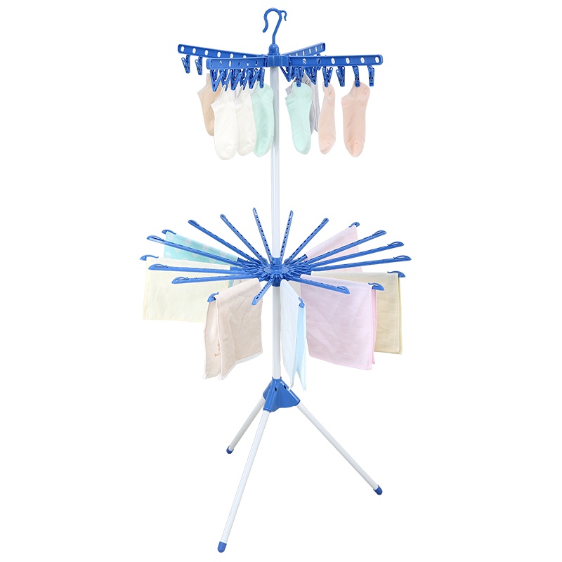 依品家居24夹双层折叠毛巾架，单杠伞型落地式晾衣架，宝宝尿布架，晒袜夹，抹布晾晒架，阳台户外多夹晒衣架，挂衣架