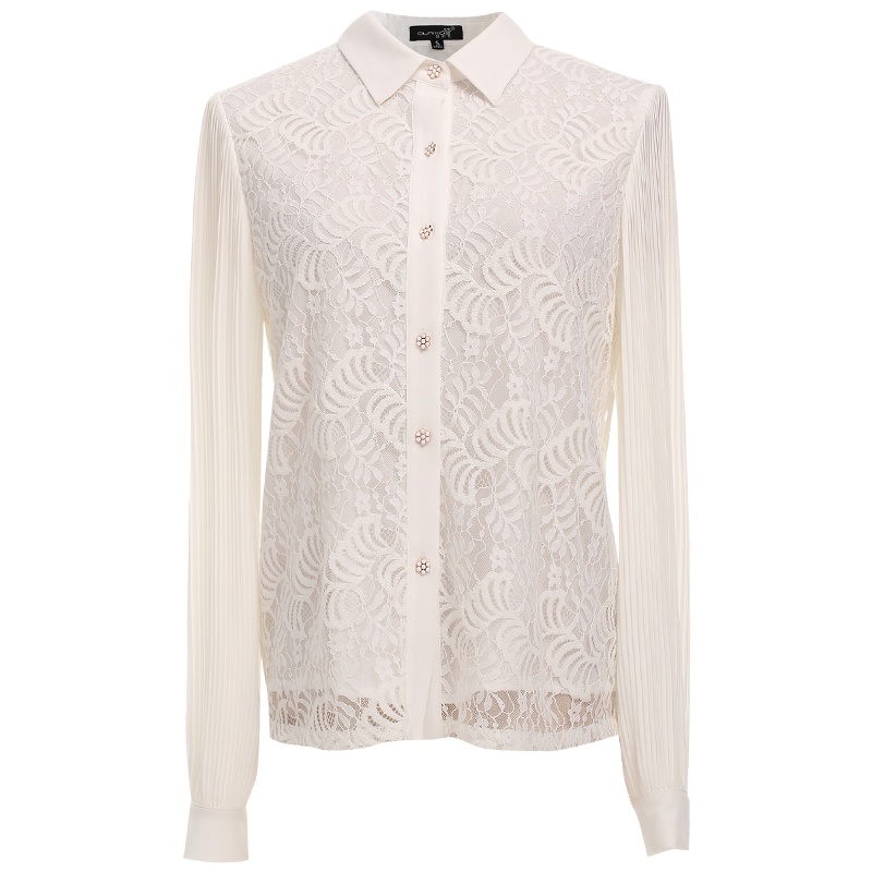 欧昵雪Polo领拼接皱褶长袖蕾丝衬衫女时尚洋气上衣