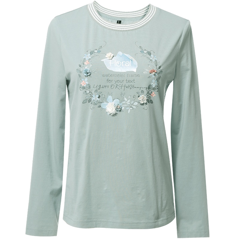 欧昵雪花朵装饰字母印花圆领T恤女修身长袖打底上衣