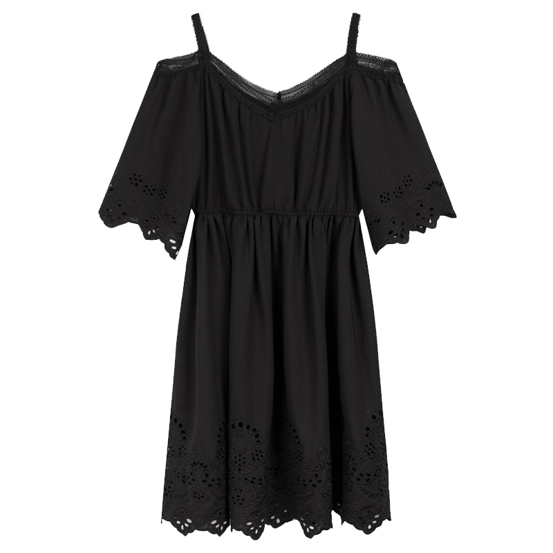 【专柜同款】拉夏贝尔温柔风吊带裙夏季新款高腰中长款刺绣中袖露背蕾丝连衣裙