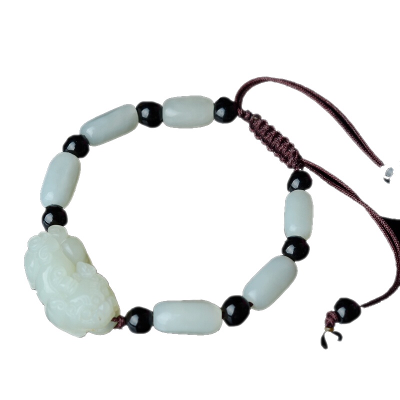 臻玉盈天然和田玉貔貅手链玉石原石白玉手串男士女士款送鉴定证书 貔貅黑玛瑙小款