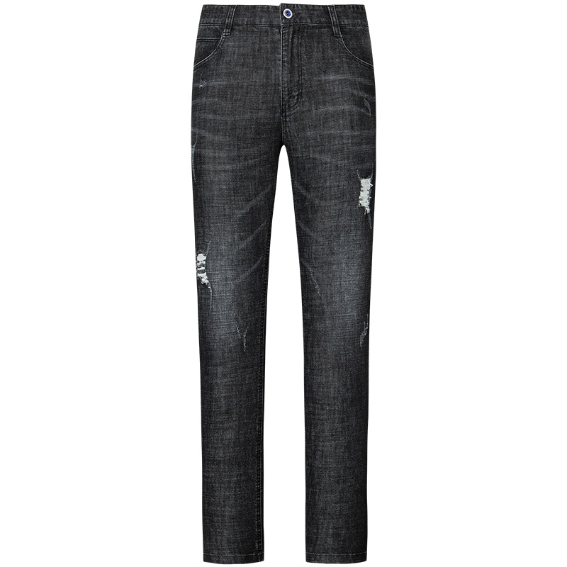 才子破洞牛仔裤男士2020春夏季新款修身刺绣弹力薄款黑色潮流长裤_1