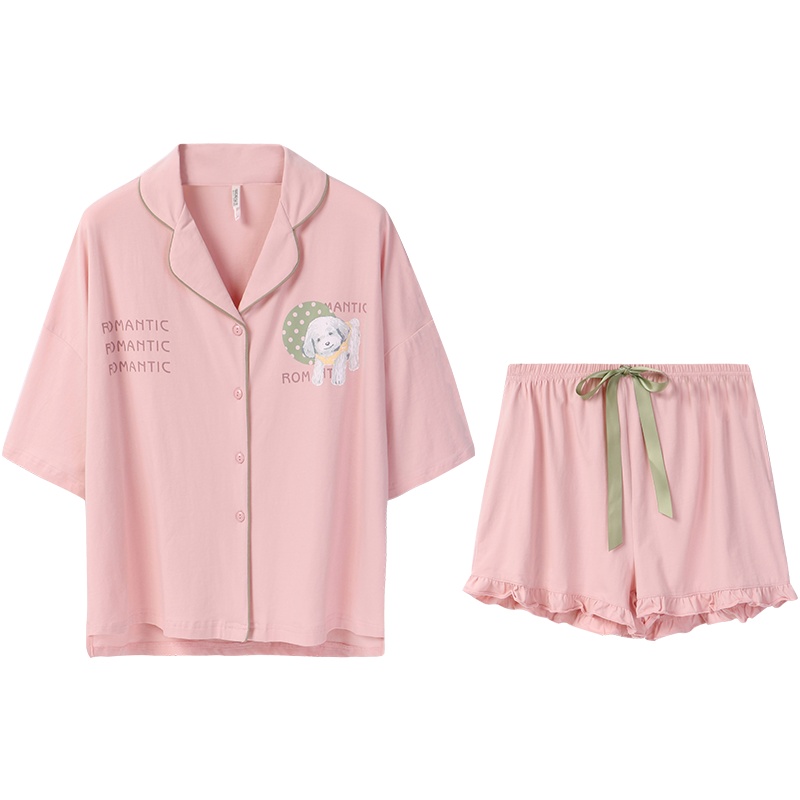 安之伴睡衣女夏季纯棉弹力针织素色国民领五分袖女套装