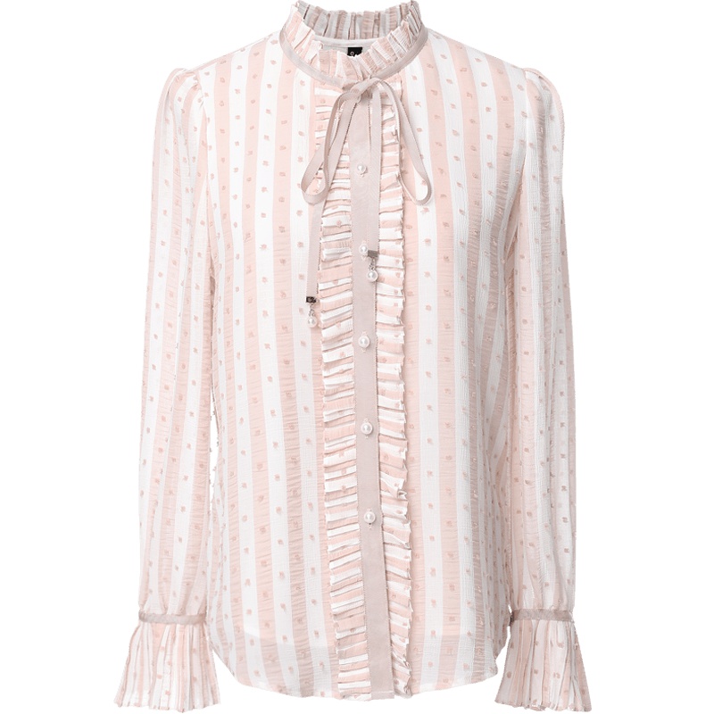 欧昵雪秋装蝴蝶结系带百褶立领长袖条纹衬衫女喇叭袖衬衣