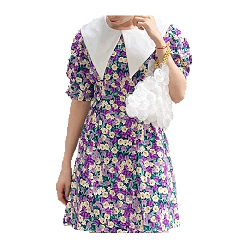 ENJOY'ME白色尖领碎花连衣裙大翻领泡泡袖20春季女装新品