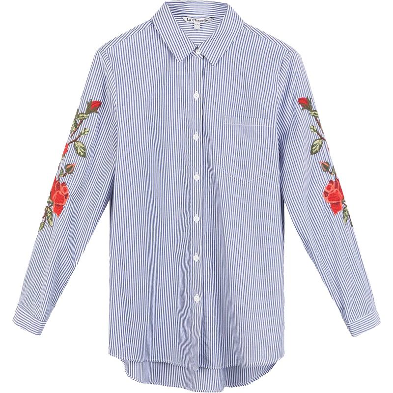 拉夏贝尔秋显瘦时尚韩版宽松休闲小清新花朵刺绣蓝白条纹衬衫女10013691