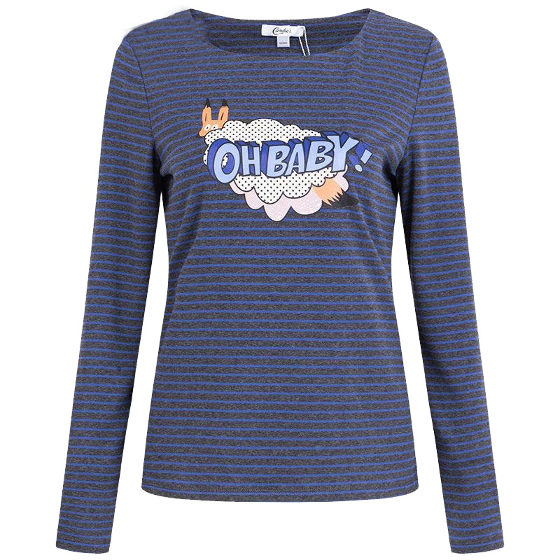 拉夏贝尔Candie's女装秋季显瘦印花条纹韩版打底衫T恤女30071515