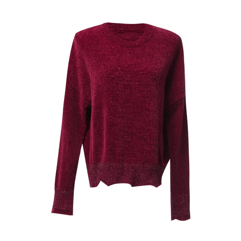 欧昵雪秋冬圆领宽松雪尼绒针织衫女长袖收腰波浪下摆毛衣