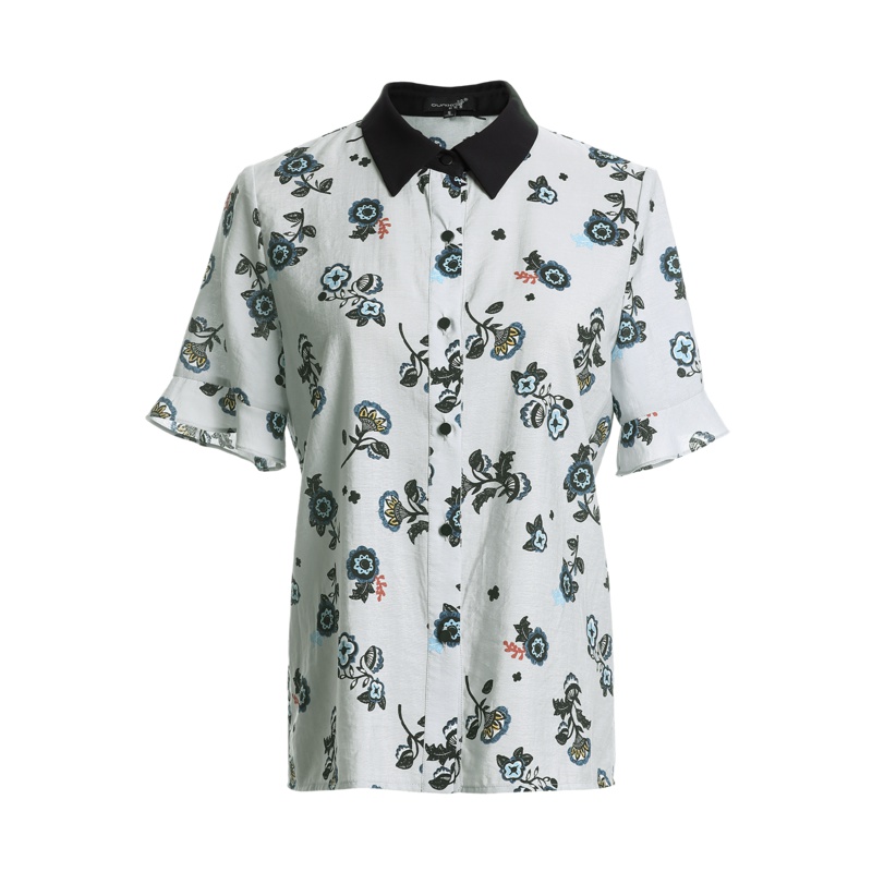 欧昵雪 夏短袖花色衬衫女上衣翻领喇叭袖休闲气质印花衬衣X