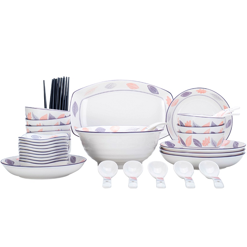 雅诚德(arst)饭碗汤碗韩式大号北欧碗碟家用餐具套装碗盘创意网红陶瓷碗(网络包装) 叶舞清秋-十八件套