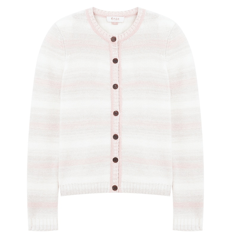 鄂尔多斯ERDOS 100%山羊绒圆领夹条开衫女式羊绒衫针织衫毛衣