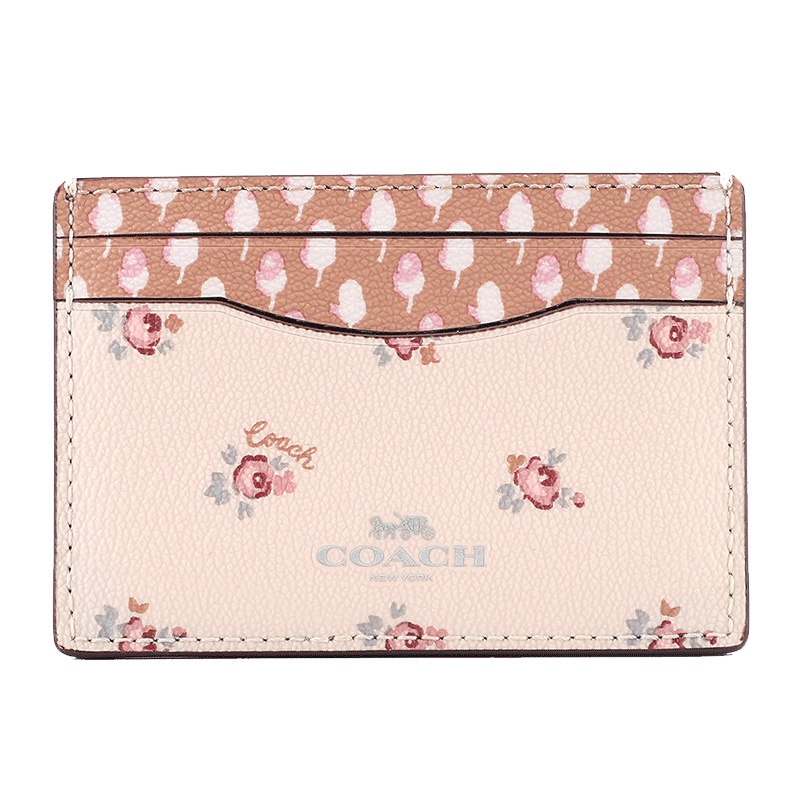 COACH 蔻驰 奢侈品 欧美时尚短款女士钱包粉色印花皮革卡包卡夹