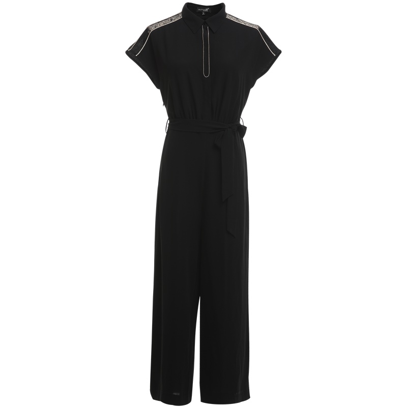 欧昵雪夏季蕾丝拼接漏肩雪纺连体裤女系带高腰九分坠感阔腿裤