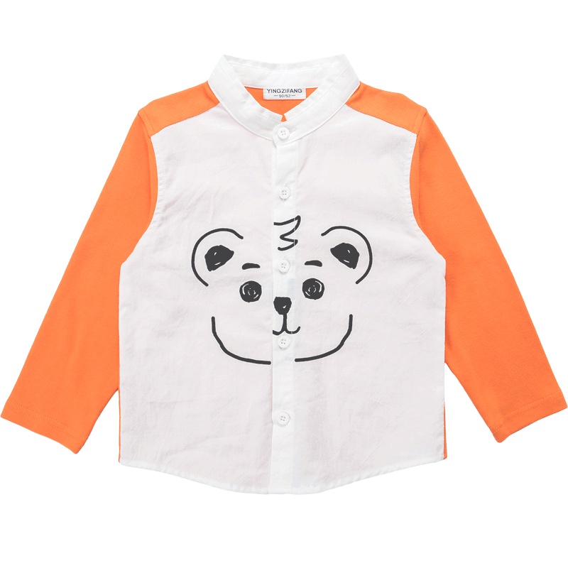 婴姿坊童装小熊拼接立领衬衣 春秋款男女童百搭时尚上衣单件