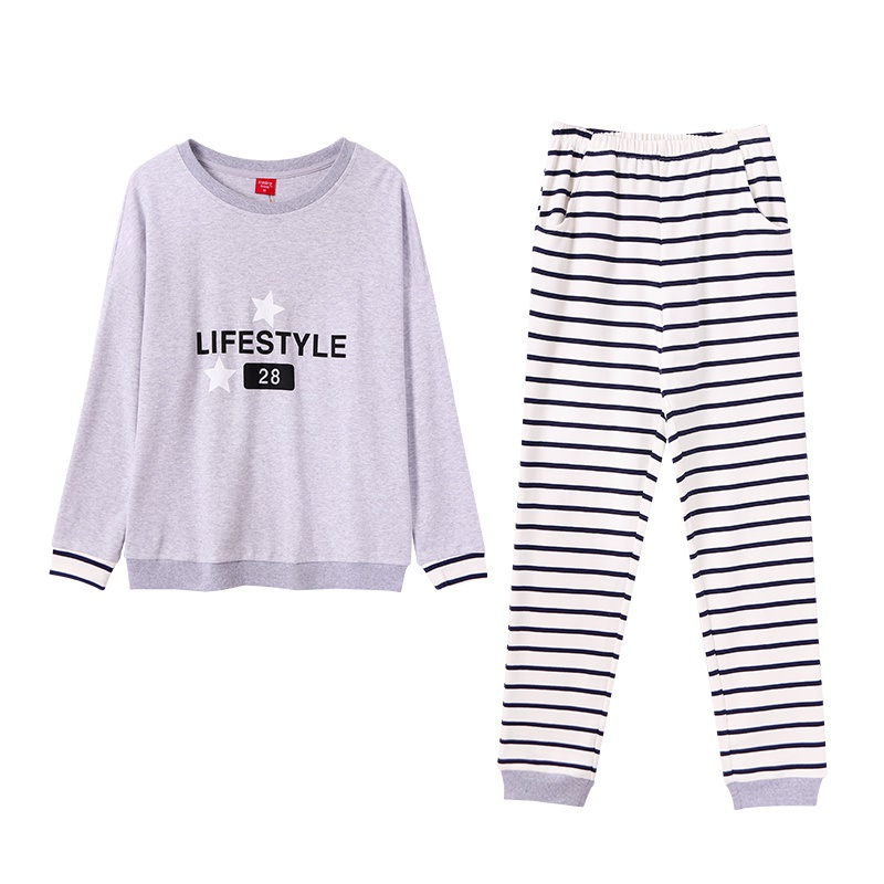 雪仙丽女士睡衣秋冬长袖时尚印花经典条纹长裤睡衣家居套装