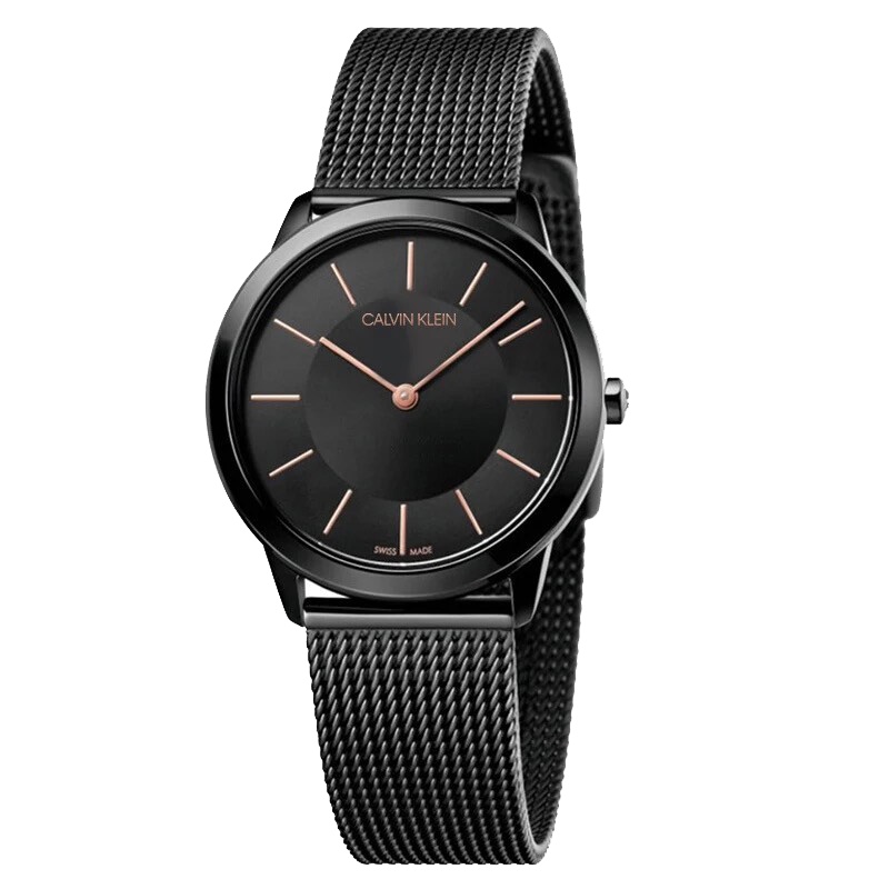 CK卡文克莱（Calvin Klein）Minimal ext. 简约系列延伸款手表 黑色表带玫瑰金指针男女同款石英表