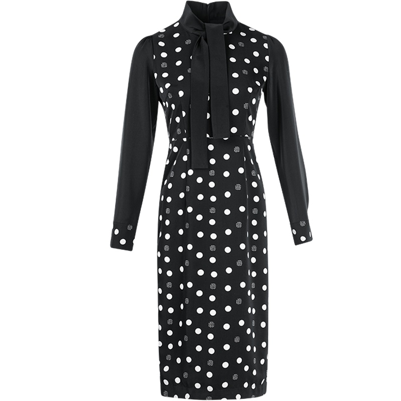 晚白2021春季新品时尚波点印花修身显瘦长袖高腰衬衫裙连衣裙女