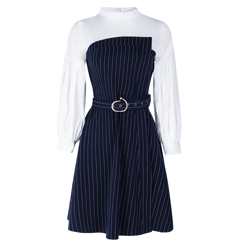 晚白2019新品时尚通勤条纹经典简约立领收腰显瘦A字连衣裙女