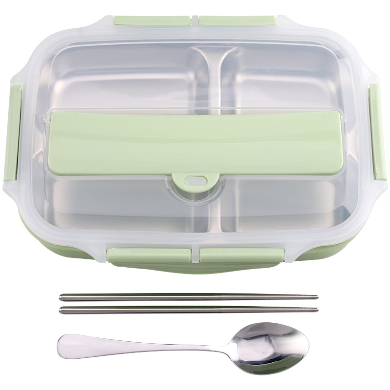 拜杰304不锈钢饭盒加大加深4格学生饭盒便当盒带提手带分隔配餐具带筷子勺子FH-07