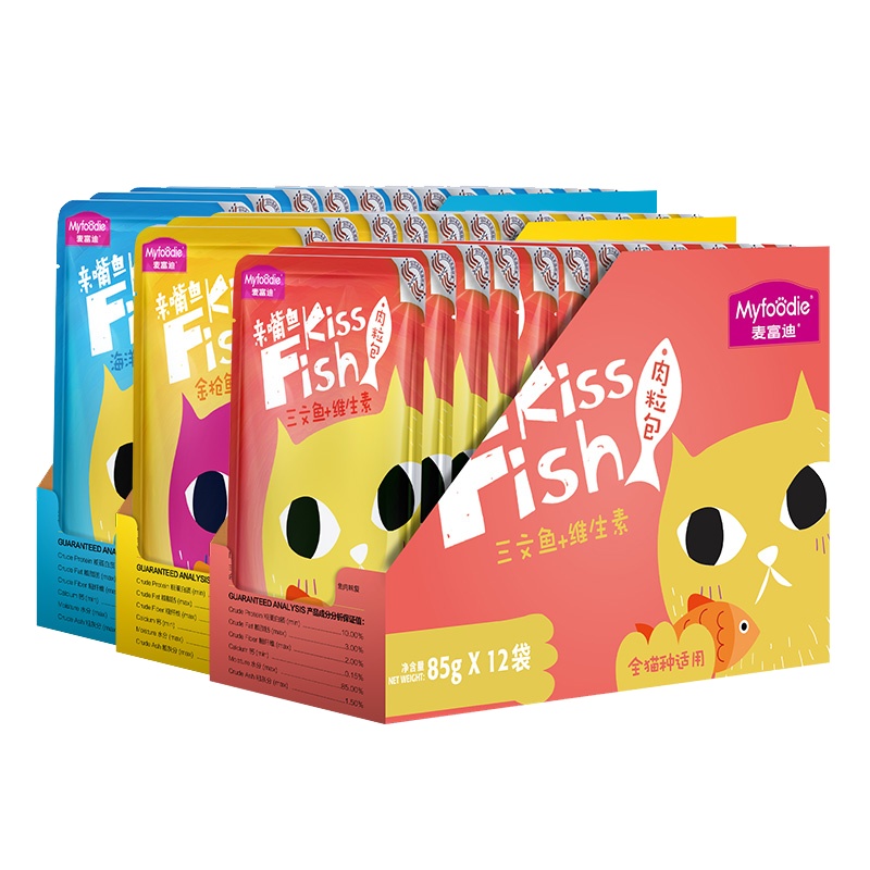 麦富迪亲嘴鱼肉粒包混合口味85g*12整盒幼猫零食营养增肥湿粮