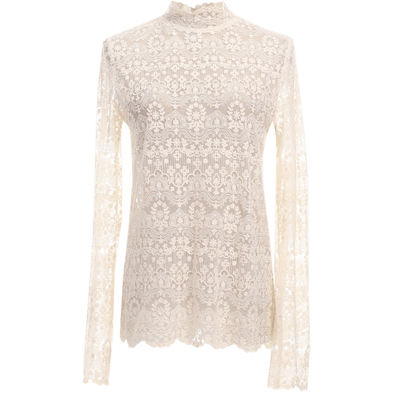 欧昵雪设计感波浪立领显瘦透视蕾丝衫女洋气长袖上衣