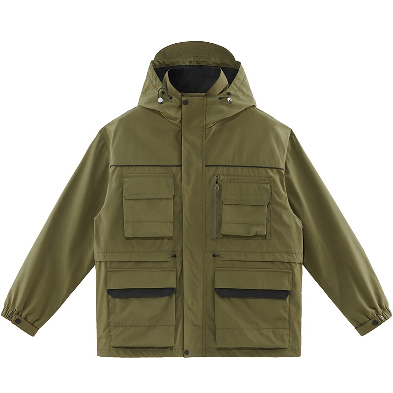 太平鸟男装春季工装风夹克军绿色连帽潮流茄克外套男上衣潮