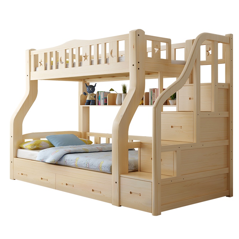 [精选]登喜华菲 全实木儿童床上下床多功能美式高低床双层床成人床母子床上下铺子母床双人床带护栏地中海两层床松木床家具