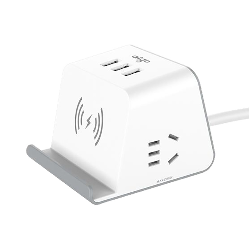 爱国者(AIGO)小魔方无线充电插座 多功能智能USB创意插排/排插1.5米 桌面手机支架插线板 M0230T(白灰)