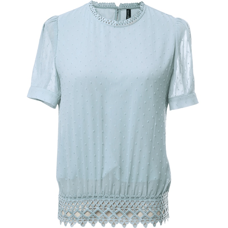 欧昵雪夏季镂空花边拼接提花雪纺衫女遮肚子短袖雪纺上衣