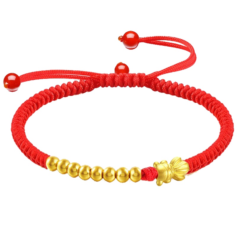 佐喜佑福 足金鱼金珠本命年红绳脚绳女生日礼物脚链款金重约0.9g ZXNLYFA107c