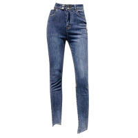 2020新款高腰弹力小脚铅笔裤脚边缺口不规则紧身九分牛仔小脚裤