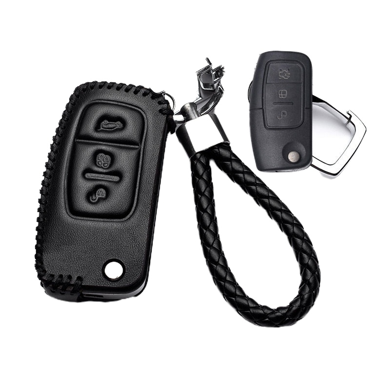 福特福睿斯福克斯钥匙套翼博蒙迪欧致胜翼虎锐界嘉年华汽车壳包扣 E款.(黑色黑线)单层皮压印车标舒适主义汽车钥匙扣